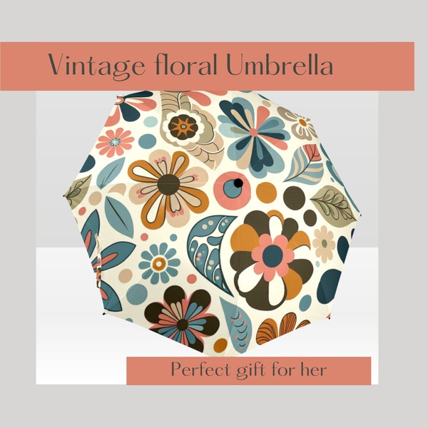 1960's vintage floral umbrella, retro floral print travel umbrella, fold able umbrella, women's spring umbrella, umbrella gift for mom.