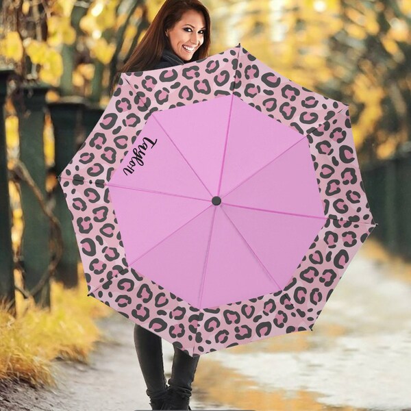 Custom kid's umbrella. Personalized Pink Leopard print umbrella for girls. Child's umbrella with custom name. Little girl umbrella.