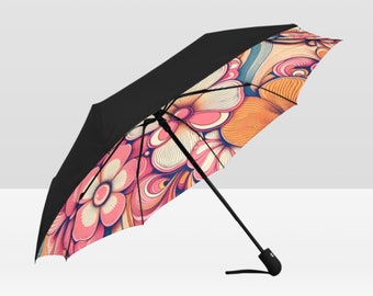 Vintage pastel floral umbrella, 1970's retro floral travel umbrella, fold able umbrella, women's pastel spring umbrella, gift for mom.