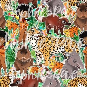 May include: A colorful seamless pattern featuring a jungle scene with a variety of animals, including a jaguar, a toucan, a capybara, and a tapir. The pattern is set against a background of lush green foliage and vibrant flowers.