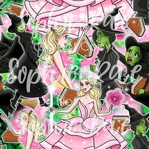 Peut inclure: Motif répété avec des illustrations d'une princesse blonde en robe rose, de sorcières à la peau verte en tenues noires et de livres bruns. Le fond est un mélange de rose et de vert avec des étincelles.