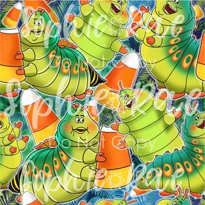 May include: A seamless pattern featuring green caterpillars with orange and yellow accents holding candy corn. The background is a blue and green watercolor pattern.