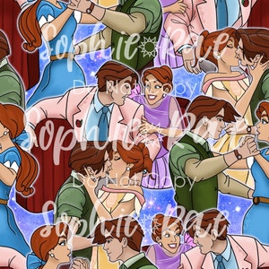 以下が含まれることがあります： 踊ったり抱き合ったりするカップルの漫画イラストを特徴とするシームレスパターン。キャラクターは、ドレス、スーツ、ジャケットなど、さまざまな衣装で描かれています。カラーパレットには、星空の背景に対して、青、ピンク、緑、茶色の色合いが含まれています。