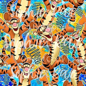 May include: A seamless pattern featuring a cartoon orange and black tiger with a bright yellow background. The tiger is jumping on a blue and yellow spring. The background is filled with blue, yellow, and white paint splatters.