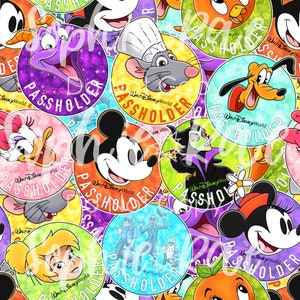 May include: A colorful pattern of Disney character stickers with the text "Walt Disney World Passholder" on each sticker. The characters include Mickey Mouse, Minnie Mouse, Donald Duck, Goofy, Pluto, and more.