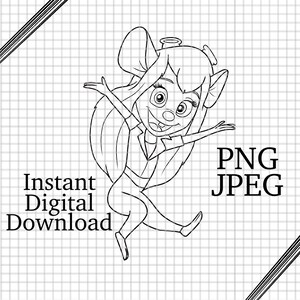 May include: A black and white line drawing of a cartoon character with large ears, a long tail, and a big smile. The character is wearing a collared shirt and trousers. The character is jumping in the air with its arms outstretched.