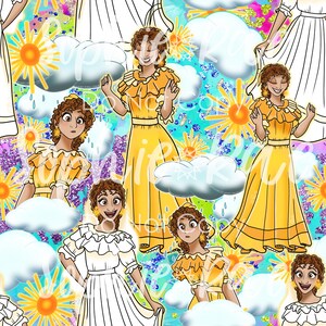May include: A seamless pattern featuring a cartoon illustration of a woman in a yellow dress with a white ruffle collar. The woman is smiling and has curly brown hair. The background is a colorful abstract design with clouds, sun, and rain.