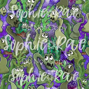 May include: Seamless pattern featuring green cartoon sea creatures with large eyes and purple and green seaweed on a purple background with glitter.