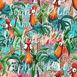 May include: A colorful, repeating pattern featuring cartoon roosters with large eyes and bright plumage. The roosters are set against a background of palm trees and a glittery, abstract design.