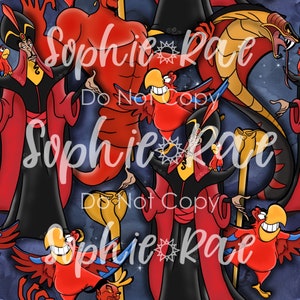 May include: A colorful digital illustration featuring Jafar, the villain from Disney's Aladdin, with his parrot Iago and snake staff. The background is a dark blue with stars. The image is repeated to create a seamless pattern.