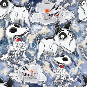 Op de afbeelding: Een naadloos patroon met een witte, zwarte en grijze cartoonhond met gestikte naden en een skelethond. De achtergrond is een blauwe en witte aquarelwas met witte botten en glitter.