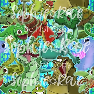 May include: A colourful, whimsical illustration featuring various cartoon animals, including a green chameleon, a blue alligator, a green snake, and a turtle. The illustration is set against a blue and green background with a repeating pattern of swirls and stars.