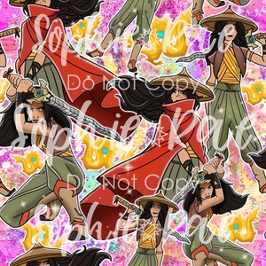 May include: A seamless pattern featuring a repeated design of a woman in a red cape and a woman in a yellow and green outfit. Both women are holding swords and are surrounded by gold dragons and a pink and purple glitter background.