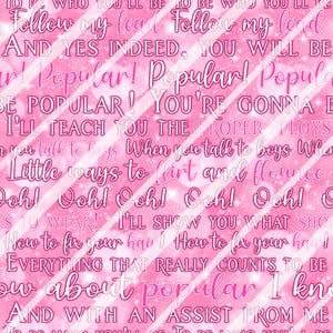 Peut inclure: Fond rose et blanc avec un motif de texte manuscrit. Les phrases incluent « Follow my lead », « Popular » et « Little ways to flirt ». Le design présente des rayures diagonales et des accents scintillants.