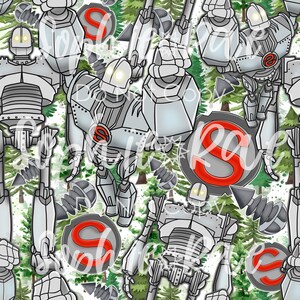 Puede incluir: Un patrón sin costuras que presenta un diseño repetitivo de un robot con una cabeza grande y un cuerpo hecho de placas de metal. El robot está de pie en un entorno de bosque con árboles verdes y un fondo blanco. El robot lleva una letra 'S' roja en el pecho.