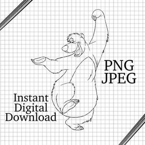Può includere: Illustrazione a linea di un orso dei cartoni animati in piedi su due gambe con un braccio alzato in aria. L'orso sta sorridendo e ha una grande pancia rotonda. L'immagine è su uno sfondo bianco con uno schema a griglia.