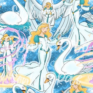 Può includere: Uno schema senza cuciture con una donna bionda in un abito bianco e un corpetto blu, circondata da cigni bianchi su uno sfondo blu con stelle bianche. La donna tiene un cigno in mano e ha un bagliore magico intorno a lei.