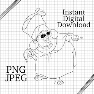 May include: A black and white line drawing of a cartoon character wearing sunglasses and a hat. The character is smiling and pointing to the right. The image is on a white background with a grid pattern.