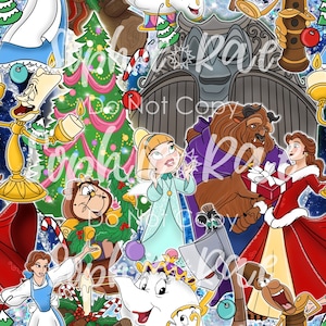 May include: A colourful Christmas-themed illustration featuring characters from Beauty and the Beast. The characters include Belle, Beast, Lumiere, Cogsworth, Mrs. Potts, Chip, and the enchanted rose. The illustration is set against a background of a snowy forest and a Christmas tree.