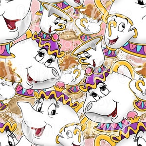 May include: A seamless pattern featuring a repeating design of a cartoon teacup and teapot with a human face. The teacup and teapot are white with gold trim and purple, pink, and blue accents. The background is a pink and gold glitter pattern.