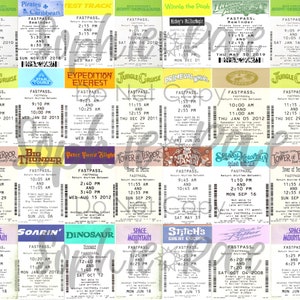Puede incluir: Un collage de pases rápidos coloridos para varios paseos en parques de atracciones de Disney. Los pases rápidos muestran los nombres de los paseos, los tiempos de regreso y los logotipos de los parques. Los paseos incluyen Pirates of the Caribbean, Test Track, Winnie the Pooh, Expedition Everest, Jungle Cruise, Primeval Whirl, Big Thunder Mountain, Peter Pan's Flight, Tower of Terror, Midway Mania, Splash Mountain, Soarin', Dinosaur, Space Mountain, Stitch's Great Escape, y más.