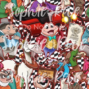 Op de afbeelding: Een kleurrijke illustratie met personages uit de film De Wind in de Wilgen. De personages zijn Toad, Rat, Mol en Das. De illustratie is tegen een geruite achtergrond.