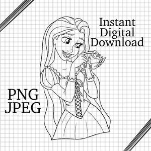 Peut inclure: Illustration en noir et blanc d'une princesse aux longs cheveux tenant une grenouille. La princesse porte une robe avec un corsage à lacets et une jupe à volants. Le texte "Téléchargement numérique instantané PNG JPEG" est dans le coin supérieur droit de l'image.