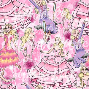 Peut inclure: Motif répété avec des illustrations d'une femme blonde dans diverses tenues roses et violettes. La femme est représentée dans une robe rose, un costume rose et un costume violet. Le fond est rose clair avec des accents floraux et scintillants.