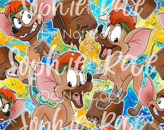 May include: A seamless pattern featuring a cartoon illustration of a brown and tan mouse wearing a red and green hat. The mouse is holding a brown book. The background is a yellow and blue abstract pattern with gold glitter.