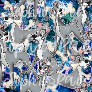 May include: A seamless pattern featuring a cartoon grey and white dog with a bone in its mouth. The dog is set against a blue and purple watercolor background with white glitter accents.