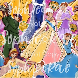以下が含まれることがあります： ディズニーアニメ映画の6人のプリンセスのデジタルイラスト。プリンセスたちは、それぞれのシグネチャーガウンを着ており、金色と黄色のアクセントで囲まれています。プリンセスはシンデレラ、ベル、ラプンツェル、ティアナ、オーロラ、ジャスミンです。