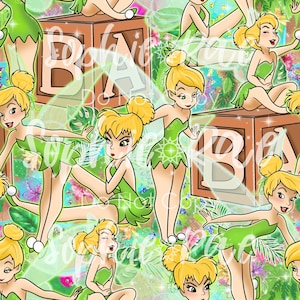 May include: A seamless pattern featuring Tinkerbell fairies in green dresses with wings, sitting on wooden blocks with the letters B, A, and B. The background is a green and white swirl pattern with flowers and leaves.