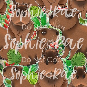 May include: A seamless pattern featuring cartoon capybaras with grumpy expressions. The capybaras are brown and have black eyes and noses. The background is a green and white tropical pattern with leaves and flowers.