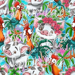 May include: A colorful seamless pattern featuring cartoon pigs and roosters. The pigs are pink and white with black spots. The roosters are red, orange, yellow, blue, and green. The background is a blue and pink watercolor wash with glitter accents.