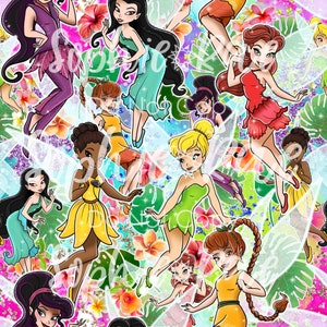 May include: A colorful seamless pattern featuring fairies with wings and flowers. The fairies are wearing various outfits, including green, blue, yellow, and red dresses. The flowers are pink, orange, and yellow.
