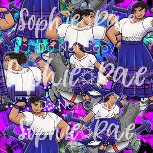May include: A seamless pattern featuring a cartoon woman wearing a white blouse and a purple skirt, lifting weights and riding a donkey. The background is a vibrant purple and pink with glitter accents.