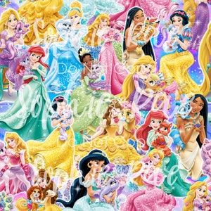 May include: A colourful pattern featuring Disney princesses in their signature gowns, each holding a small animal. The background is a blend of pastel shades, creating a whimsical and enchanting design, perfect for children's items.
