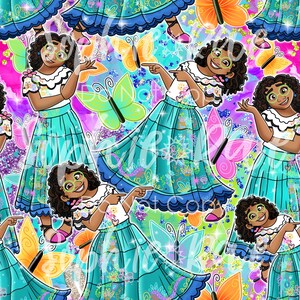 May include: A seamless pattern featuring a girl wearing a turquoise skirt with colorful floral embroidery and a white blouse with a floral design. She is pointing with both hands and has brown hair and glasses. The background is a colorful, glittery pattern with butterflies in various colors.