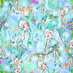 May include: A seamless pattern featuring a winter fairy with blue wings and a light blue dress. The fairy is surrounded by snowflakes and a blue and green background.