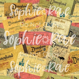 Puede incluir: Un collage de boletos y pases vintage de Disneyland en varios colores, incluyendo amarillo, rojo y azul. Los boletos presentan texto como "Disneyland", "Magic Kingdom Club", "A Day at Disneyland" y "Welcome to Disneyland".