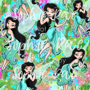 May include: A seamless pattern featuring a fairy with black hair and a turquoise dress. The fairy is surrounded by green leaves and blue water droplets. The background is a mix of green, blue, and brown.