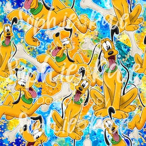 Può includere: Uno schema senza cuciture con un cane dei cartoni animati con un osso su uno sfondo astratto colorato. Il cane è giallo con un collare verde e una lingua rossa. Lo sfondo è un mix di blu, giallo e bianco.