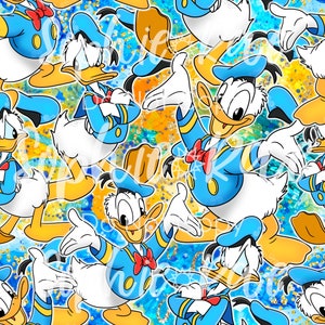 May include: A seamless pattern featuring a cartoon duck wearing a blue sailor outfit with a red bow tie. The duck is repeated on a blue and yellow background with gold glitter accents.