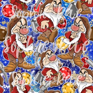 May include: A seamless pattern featuring a grumpy dwarf character from the Disney movie Snow White and the Seven Dwarfs. The dwarf is wearing a red shirt and brown pants and is holding a pickaxe. The background is a blue and gold glitter pattern with red and yellow gemstones.