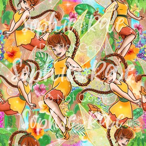 May include: A seamless pattern featuring multiple illustrations of fairies with brown hair and yellow dresses. The fairies have wings and are surrounded by green leaves and flowers. The background is a mix of orange, yellow, and green.