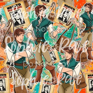 May include: A seamless pattern featuring a cartoon illustration of Flynn Rider from the Disney movie Tangled. The background is a vibrant orange, teal, and green color with glitter accents. The pattern includes multiple wanted posters with Flynn Rider's face on them, the text "WANTED DEAD OR ALIVE", and the words "Flynn Rider Thief".