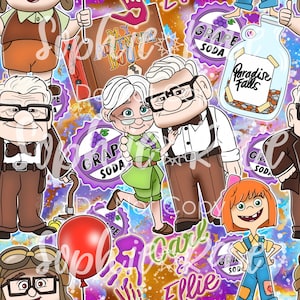 Könnte beinhalten: Eine farbenfrohe digitale Illustration mit Figuren aus dem Animationsfilm Up. Die Illustration zeigt Carl und Ellie Fredricksen, Russell und einen roten Ballon. Der Hintergrund zeigt ein violettes und goldenes Muster mit dem Text "My Adventure Book", "Grape Soda" und "Paradise Falls".