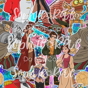 May include: A colorful digital collage featuring characters from animated films. The characters are set against a galaxy background with stars and planets. The characters include a pink frog, a robot, a man with a red coat, a woman with brown hair, and a man with a brown coat.
