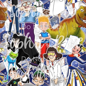 May include: A colorful illustration featuring a variety of characters, including a dinosaur, a spider, a frog, a scientist, and a young boy. The illustration is set against a background of stars and a galaxy.