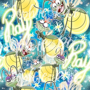 May include: A seamless pattern featuring cartoon fireflies with glowing bodies against a blue and green background with glitter accents. The fireflies have green bodies, yellow wings, and black eyes. The background is a mix of blue, green, and white with glitter accents.
